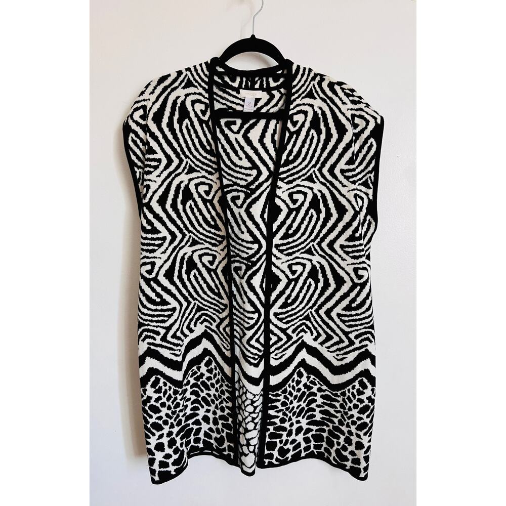 Chico’s 2 Large Black White Animal Print  Long Knit Vest Cardigan Cotton Boho